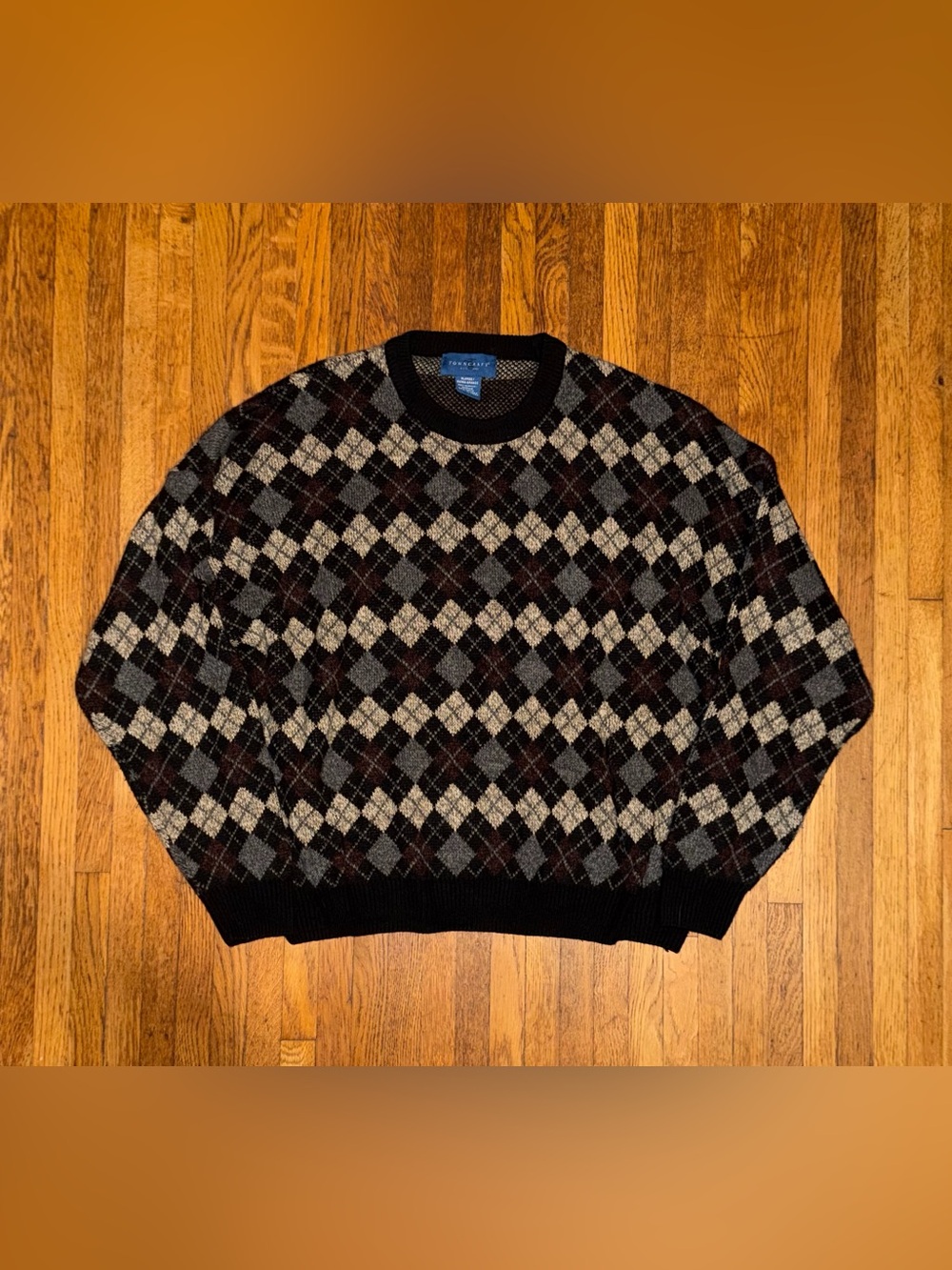 Vintage Towncraft Men's XL Black, Grey, Tan, Brown, Argyle Crewneck Sweater